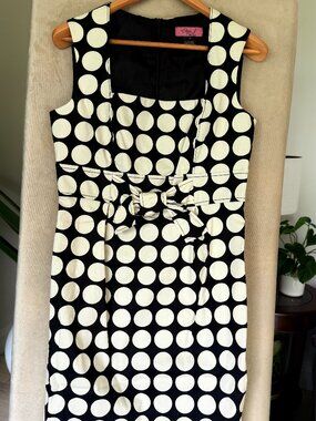 Eliza J Black Ivory Polka Dot Bow Waist Sheath Dress Size 10